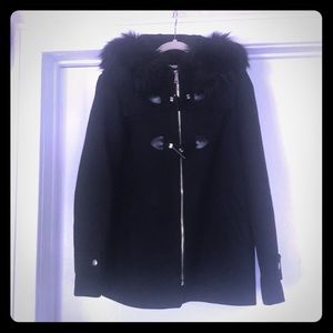Zara black coat with faux fur trimmed hood